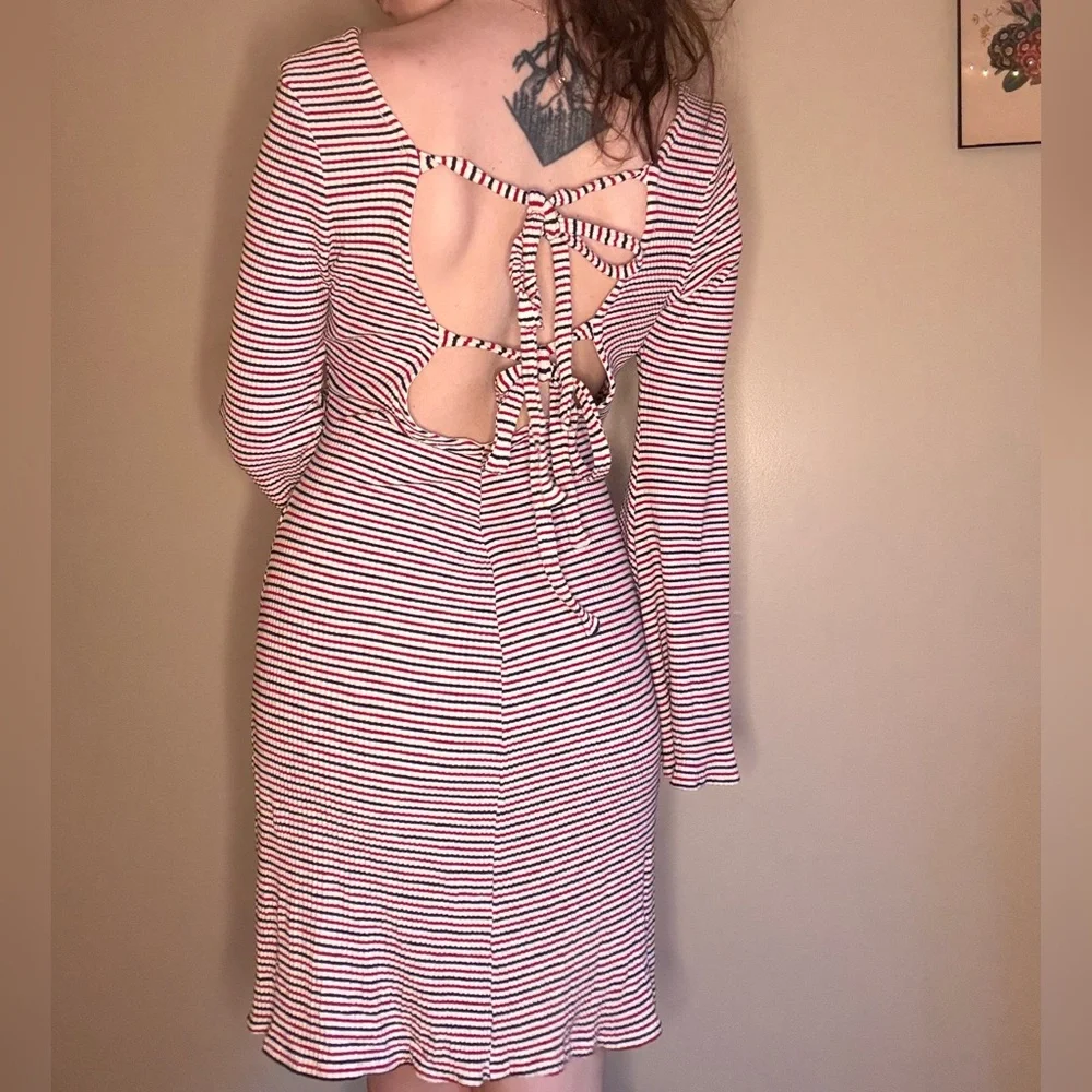Striped Bell-Sleeve Knit Dress in Red and White - Picture 2 of 5